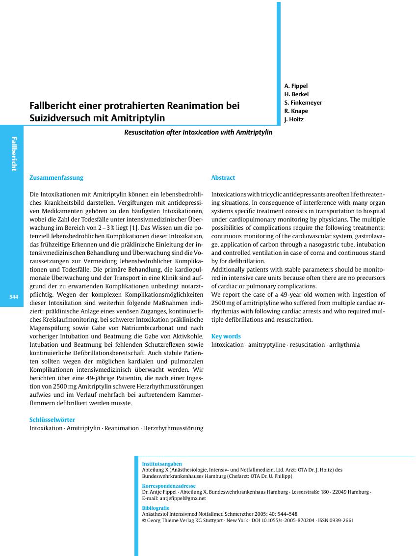 Vorschauseite 1: Fallbericht einer protrahierten Reanimation bei Suizidversuch mit Amitriptylin