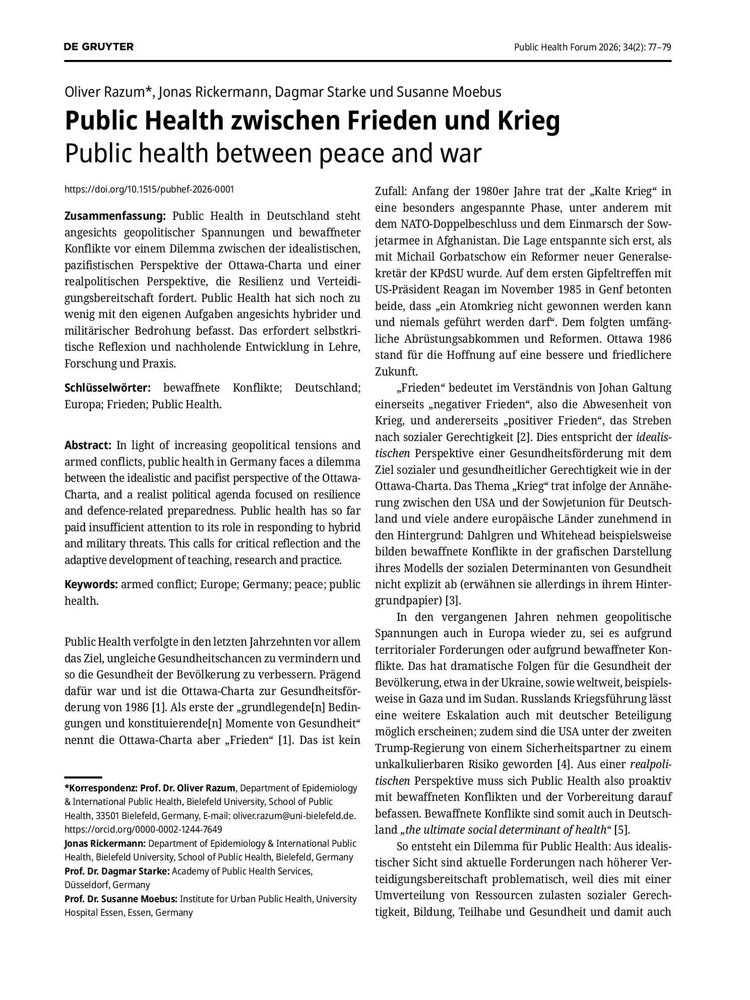 Vorschauseite 1: Public Health zwischen Frieden und Krieg