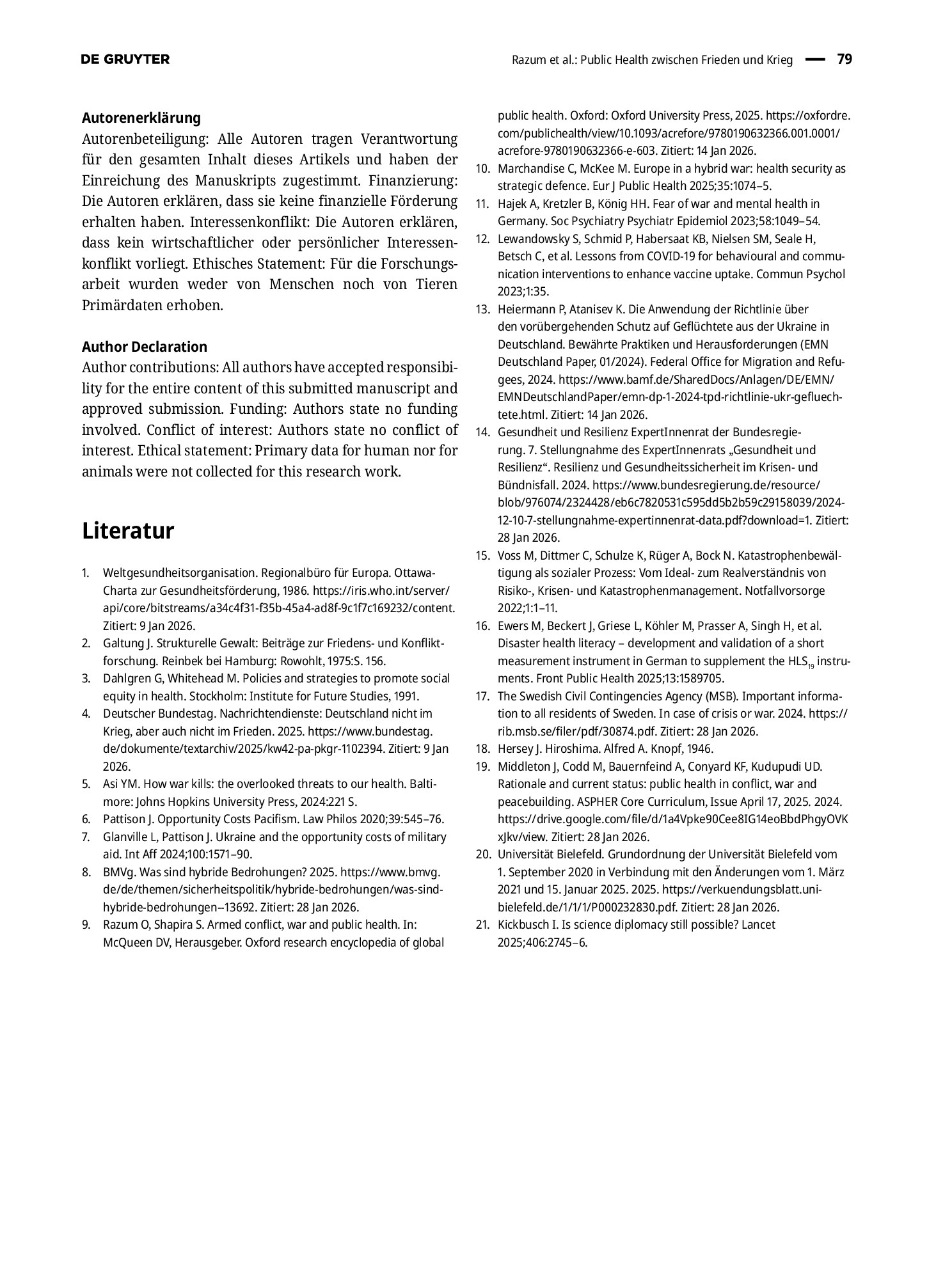 Vorschauseite 3: Public Health zwischen Frieden und Krieg