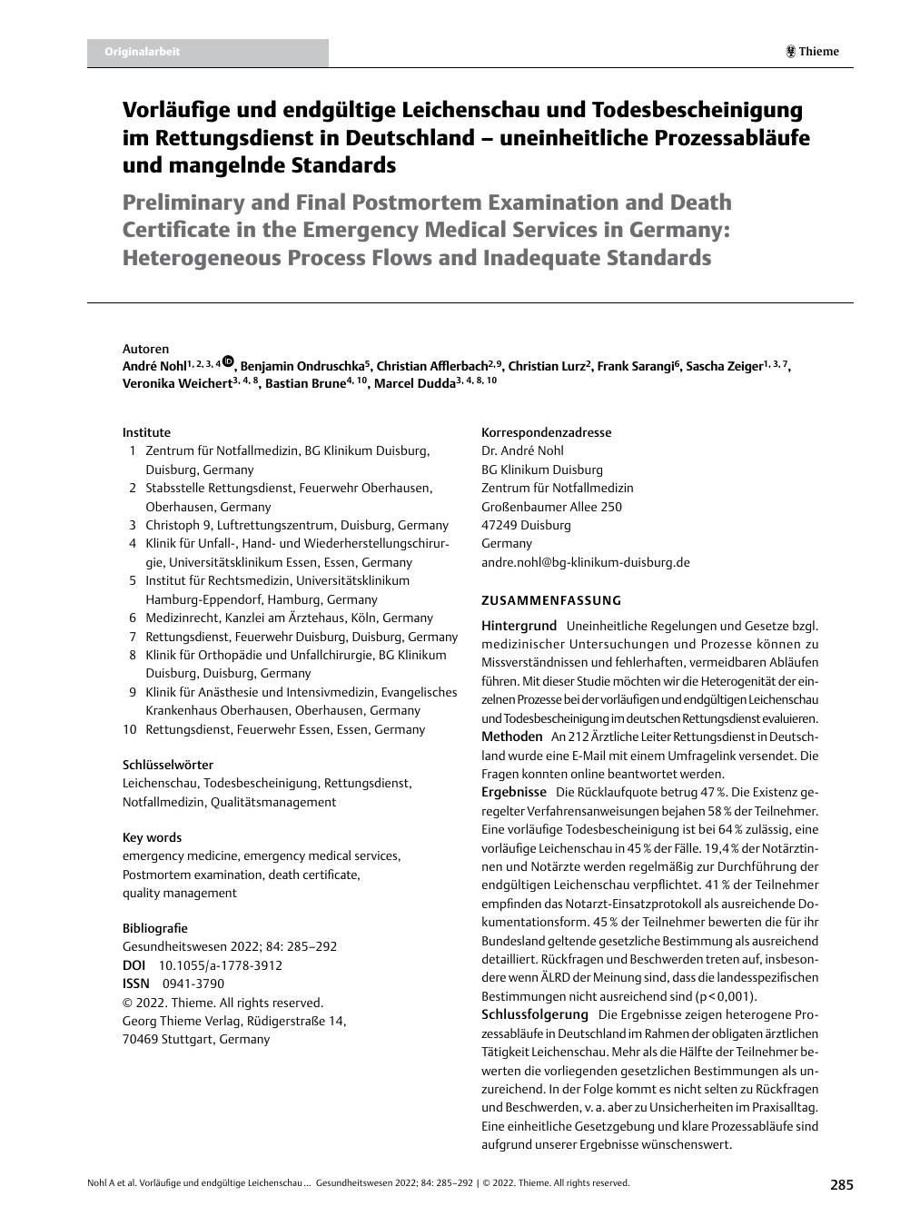 Vorschauseite 1: Vorläufige und endgültige Leichenschau und Todesbescheinigung im Rettungsdienst in Deutschland – uneinheitliche Prozessabläufe und mangelnde Standards