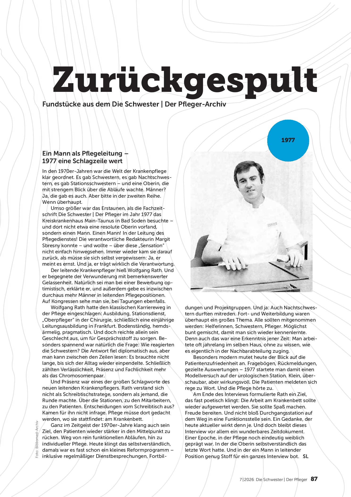 Vorschauseite 1: Zurückgespult. Fundstücke aus dem Die Schwester | Der Pfleger-Archiv: Ein Mann als Pflegeleitung – 1977 eine Schlagzeile wert