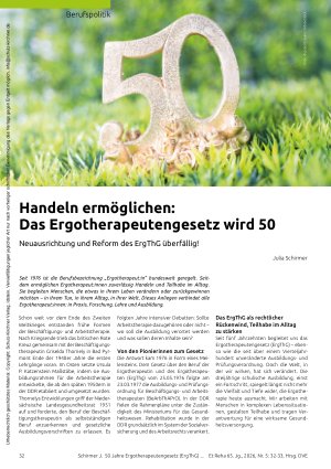 Vorschauseite 1: Handeln ermöglichen: Das Ergotherapeutengesetz wird 50 Neuausrichtung und Reform des ErgThG überfällig!