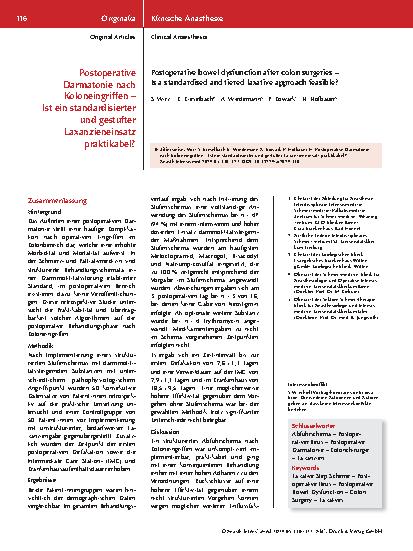 Vorschauseite 1: Postoperative Darmatonie nach Kolonoperationen – Ist ein standardisierter und gestufter Laxanzieneinsatz praktikabel?