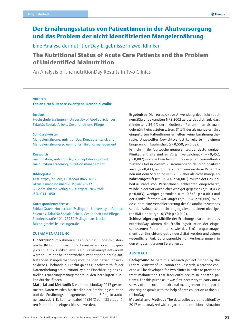 Vorschauseite 1: Der Ernährungsstatus von PatientInnen in der Akutversorgung und das Problem der nicht identifizierten Mangelernährung