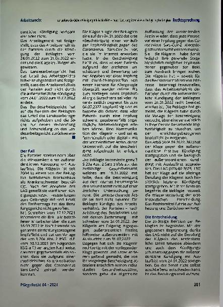 Vorschauseite 2: Zur außerordentlichen Kündigung mit Auslauffrist - hier: Täuschung über eine vorläufige Impfunfähigkeit