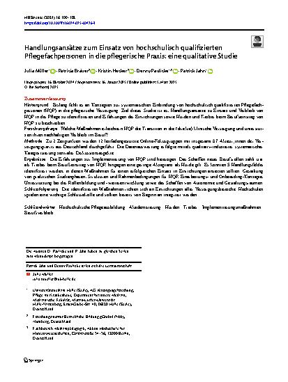Vorschauseite 1: Handlungsansätze zum Einsatz von hochschulisch qualifizierten Pflegefachpersonen in die pflegerische Praxis: eine qualitative Studie