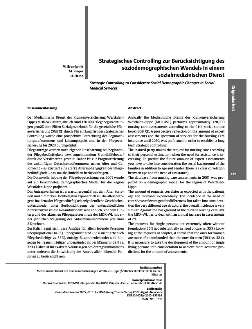 Vorschauseite 1: Strategisches Controlling zur Berücksichtigung des soziodemographischen Wandels in einem sozialmedizinischen Dienst