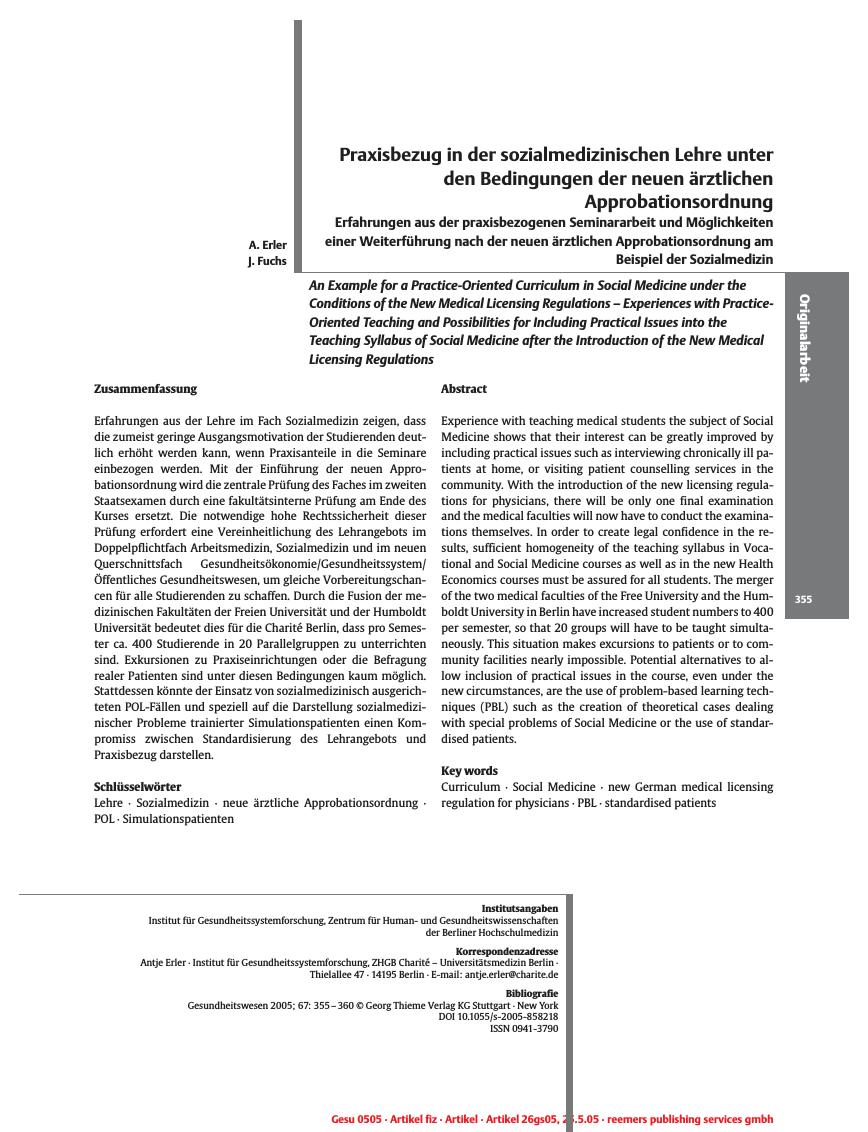 Vorschauseite 1: Praxisbezug in der sozialmedizinischen Lehre unter den Bedingungen der neuen ärztlichen Approbationsordnung