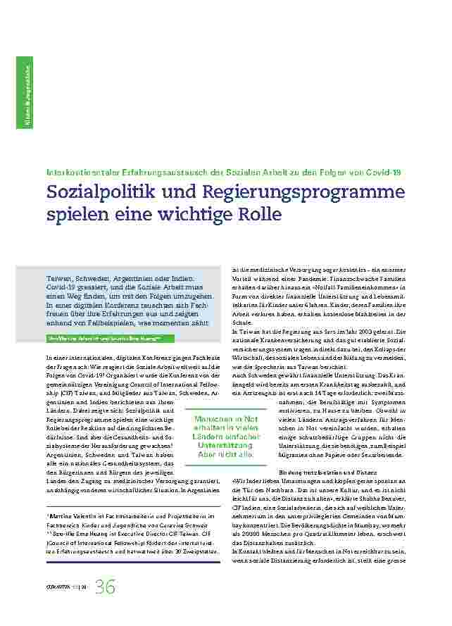 Vorschauseite 1: Interkontinentaler Erfahrungsaustausch der Sozialen Arbeit zu den Folgen von Covid-19. Sozialpolitik und Regierungsprogramme spielen eine wichtige Rolle.