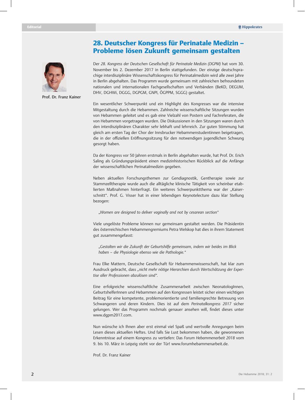 Vorschauseite 1: 28. Deutscher Kongress für Perinatale Medizin – Probleme lösen Zukunft gemeinsam gestalten