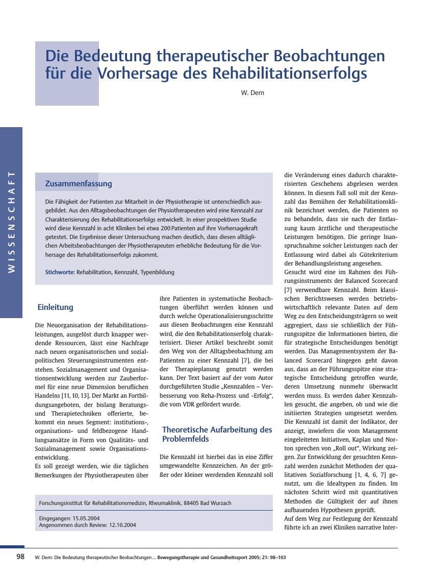 Vorschauseite 1: Die Bedeutung therapeutischer Beobachtungen für die Vorhersage des Rehabilitationserfolgs