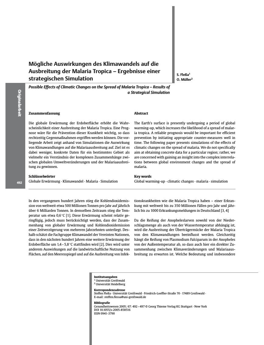 Vorschauseite 1: Mögliche Auswirkungen des Klimawandels auf die Ausbreitung der Malaria Tropica - Ergebnisse einer strategischen Simulation