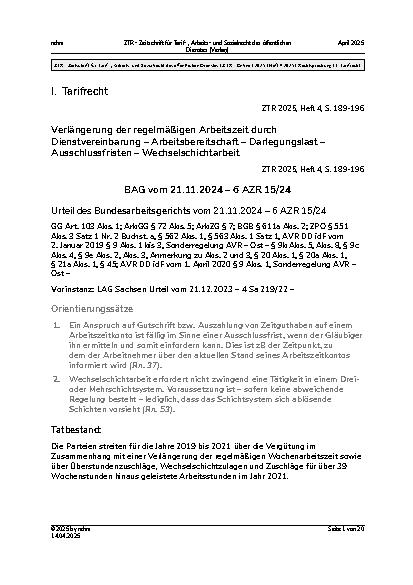 Vorschauseite 1: I. Tarifrecht Verlängerung der regelmäßigen Arbeitszeit durch Dienstvereinbarung – Arbeitsbereitschaft – Darlegungslast – Ausschlussfristen – Wechselschichtarbeit