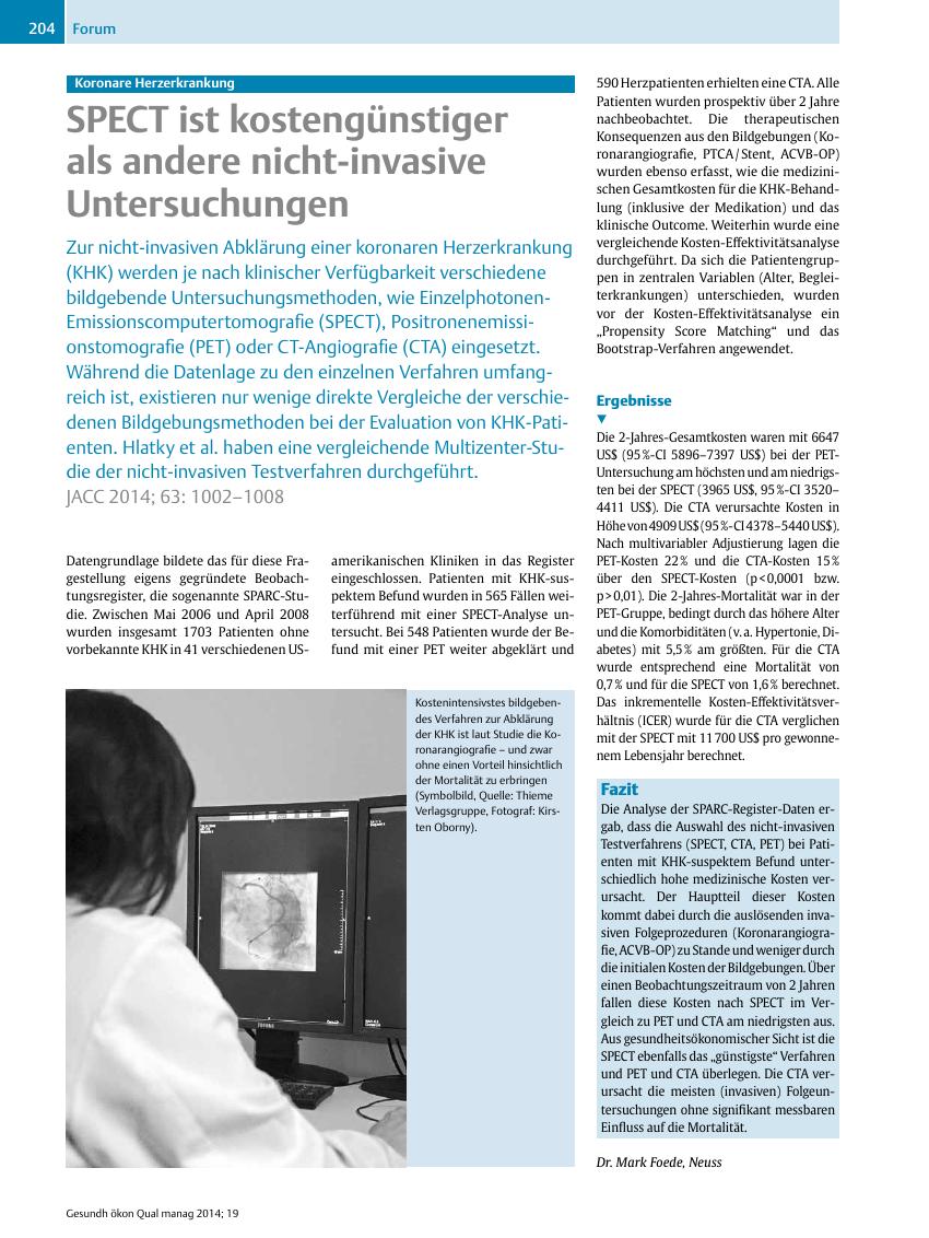 Vorschauseite 1: Koronare Herzerkrankung – SPECT ist kostengünstiger als andere nicht-invasive Untersuchungen