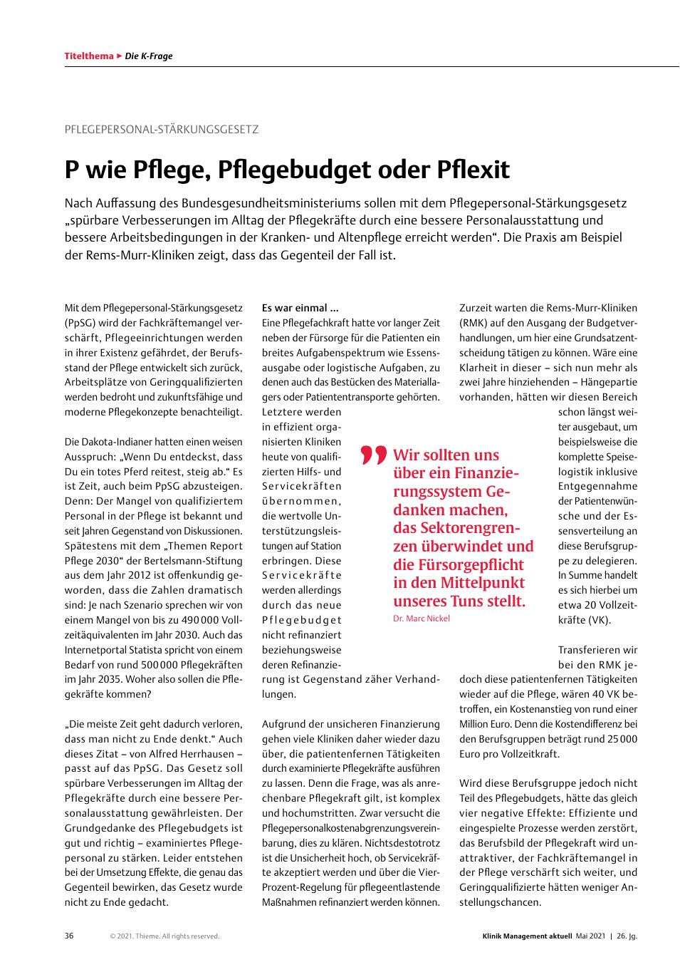 Vorschauseite 1: Pflegepersonal-Stärkungsgesetz: P wie Pflege, Pflegebudget oder PfleXit