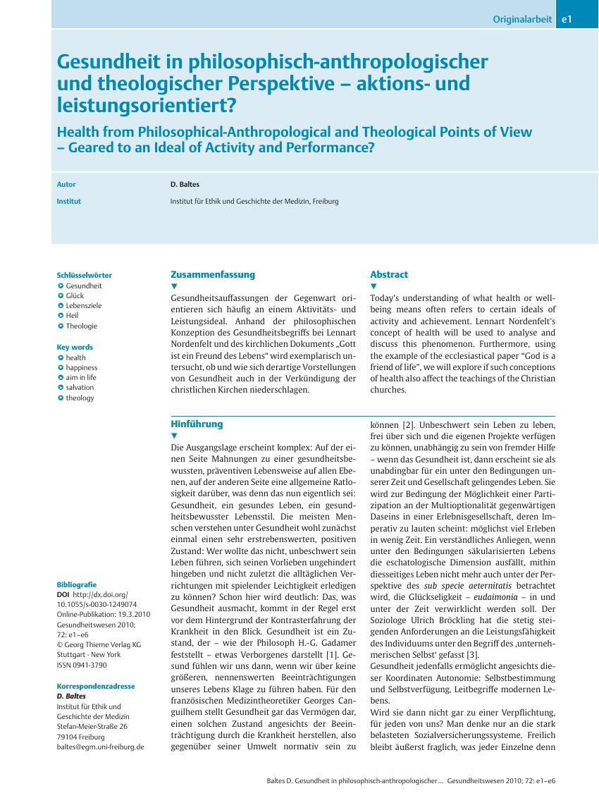 Vorschauseite 1: Gesundheit in philosophisch-anthropologischer und theologischer Perspektive – aktionsund leistungsorientiert?