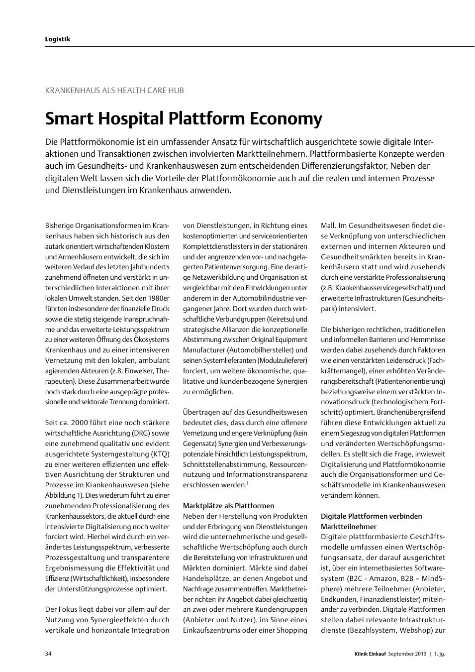 Vorschauseite 1: Krankenhaus als Health Care Hub: Smart Hospital Plattform Economy