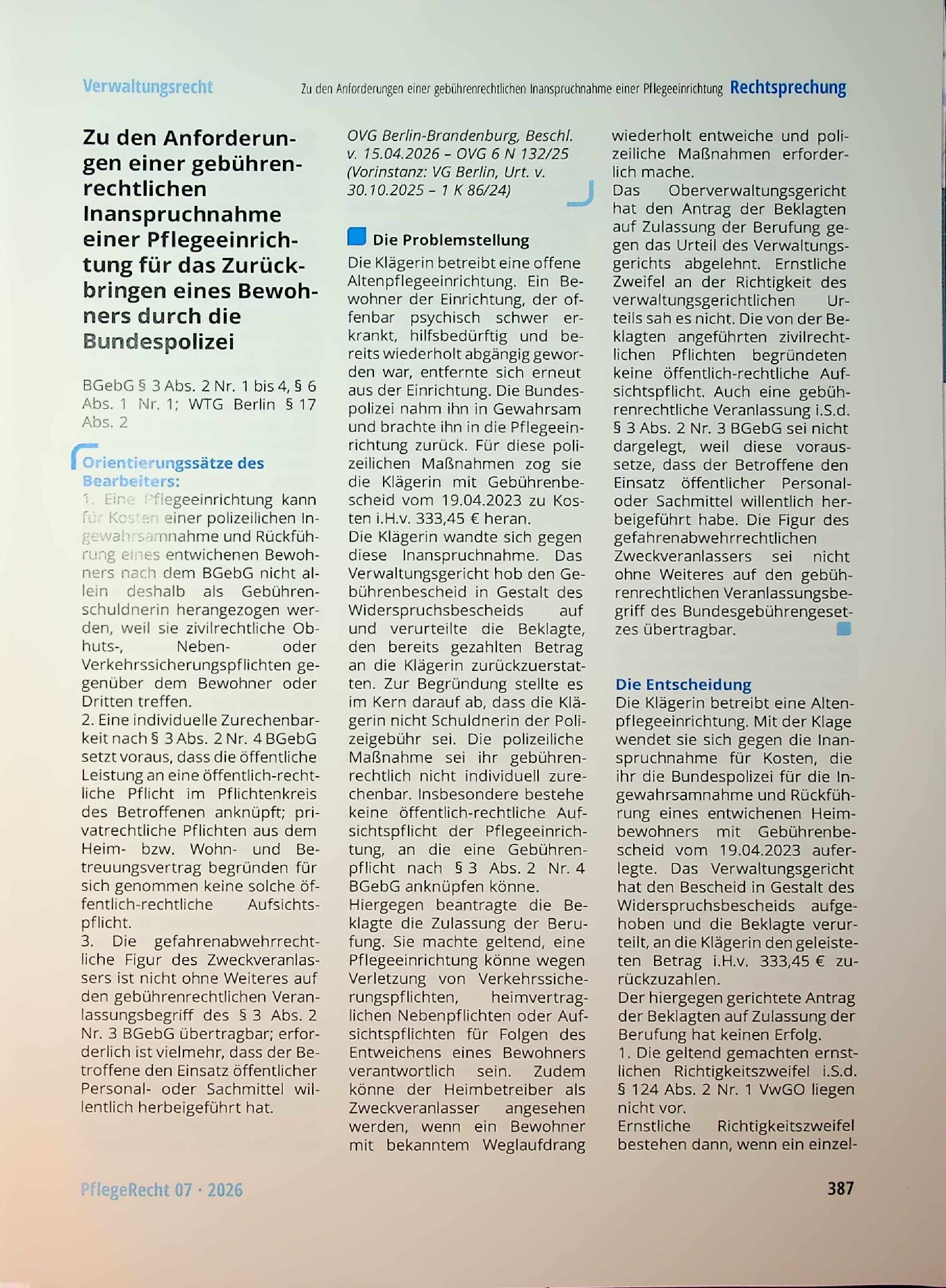 Vorschauseite 1: Zu den Anforderungen einer gebührenrechtlichen Inanspruchnahme einer Pflegeeinrichtung