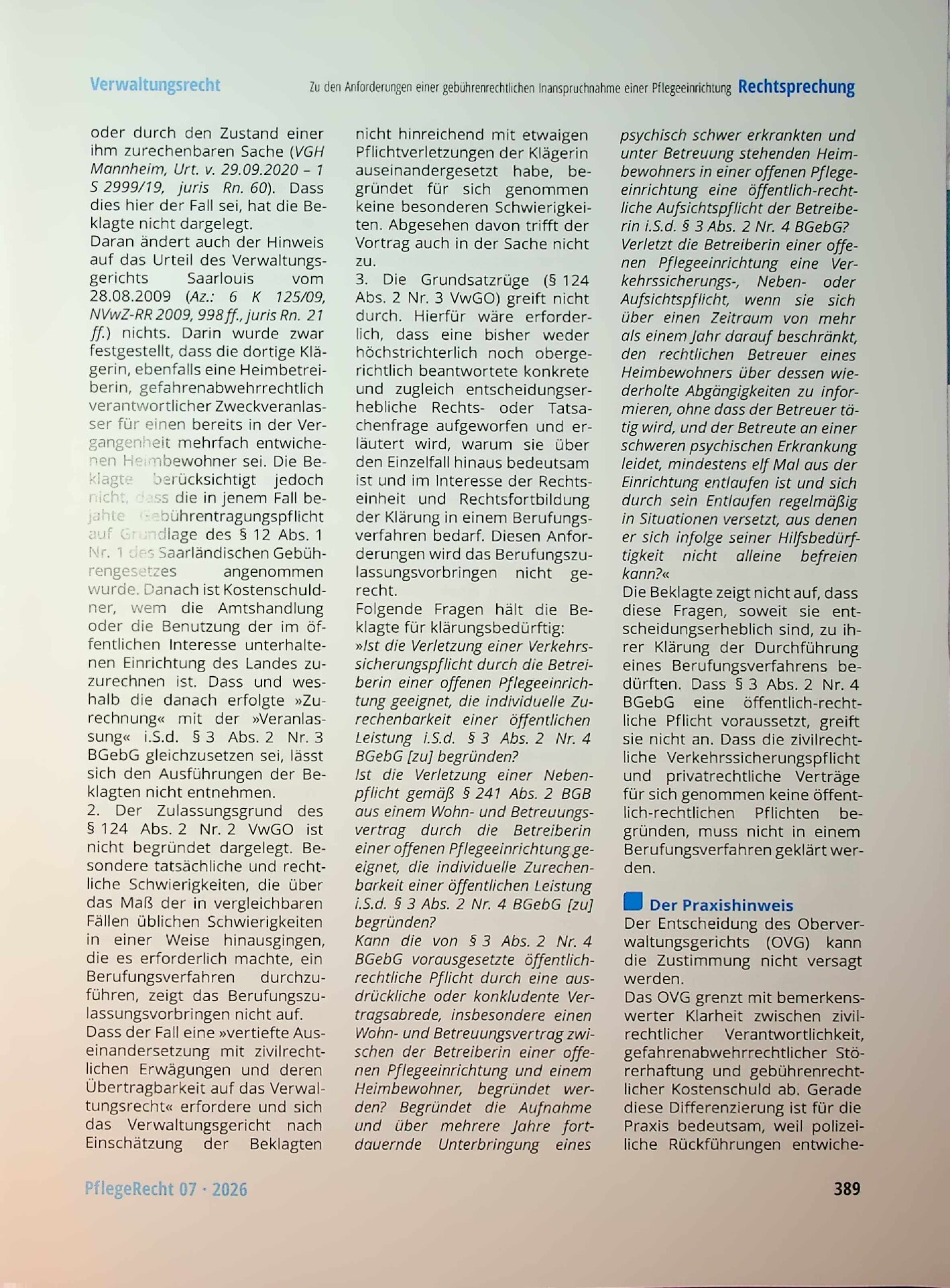 Vorschauseite 3: Zu den Anforderungen einer gebührenrechtlichen Inanspruchnahme einer Pflegeeinrichtung