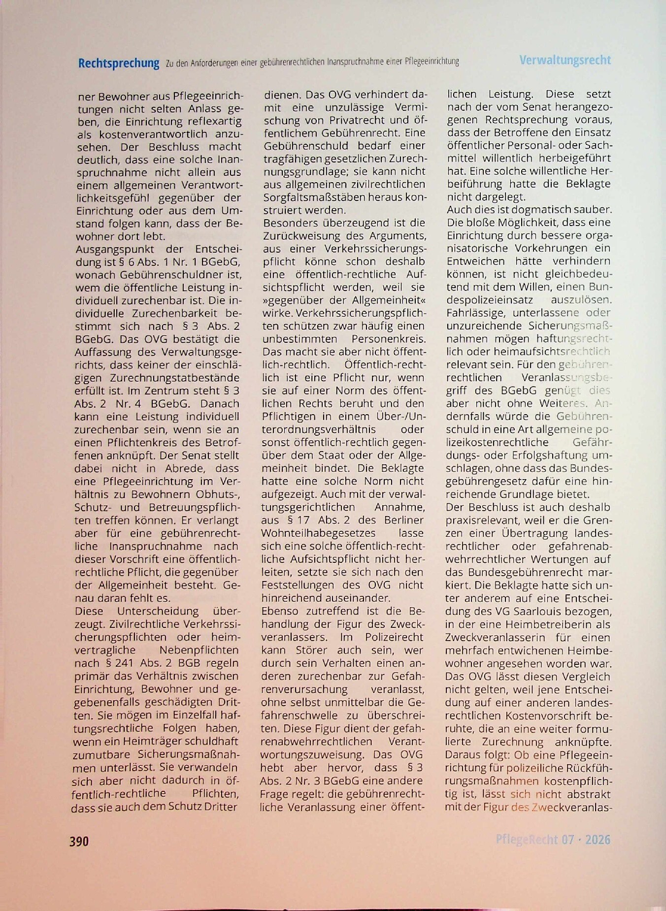 Vorschauseite 4: Zu den Anforderungen einer gebührenrechtlichen Inanspruchnahme einer Pflegeeinrichtung
