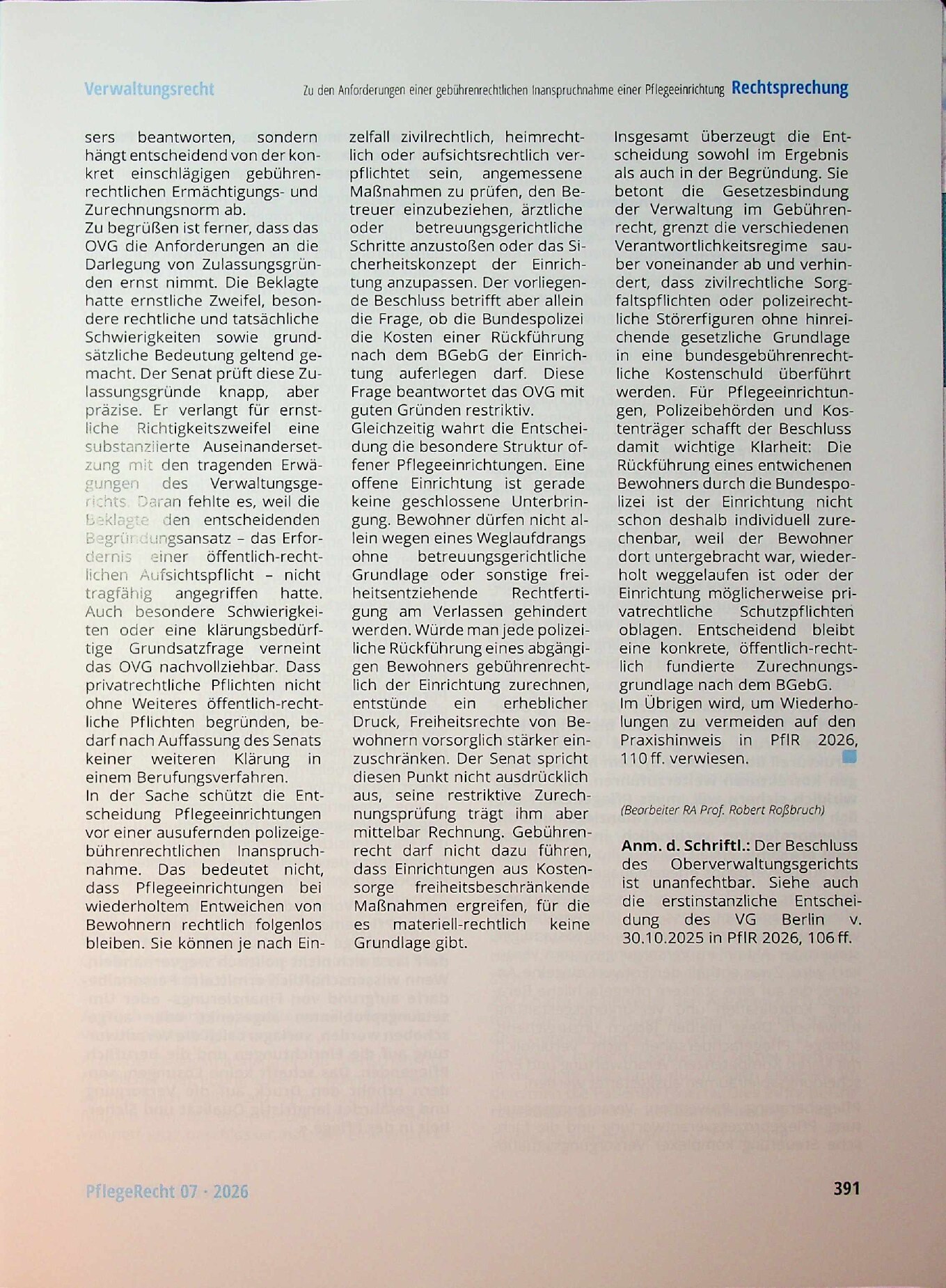 Vorschauseite 5: Zu den Anforderungen einer gebührenrechtlichen Inanspruchnahme einer Pflegeeinrichtung
