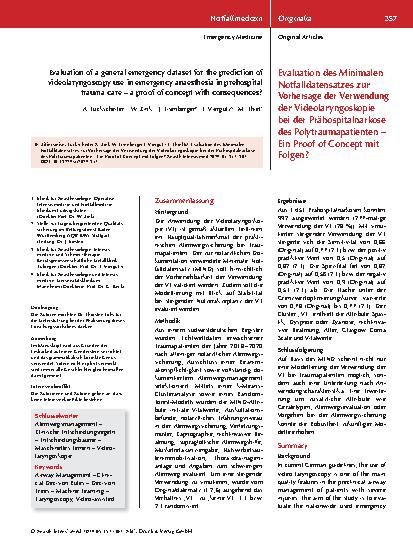 Vorschauseite 1: Evaluation des Minimalen Notfalldatensatzes zur Vorhersage der Verwendung der Videolaryngoskopie bei der Prähospitalnarkose des Polytraumapatienten – Ein Proof of Concept mit Folg…