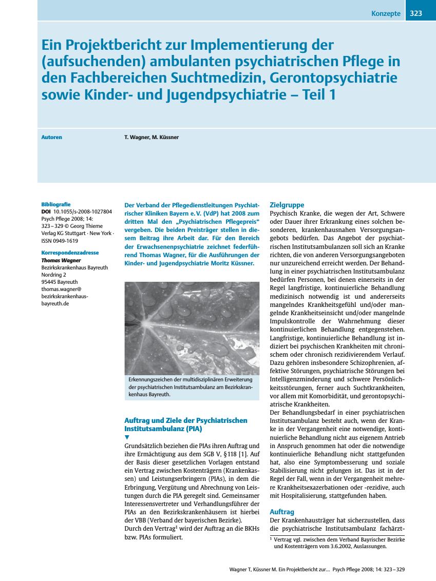 Vorschauseite 1: Ein Projektbericht zur Implementierung der (aufsuchenden) ambulanten psychiatrischen Pflege in den Fachbereichen Suchtmedizin, Gerontopsychiatrie sowie Kinderund Jugendpsychiatrie…