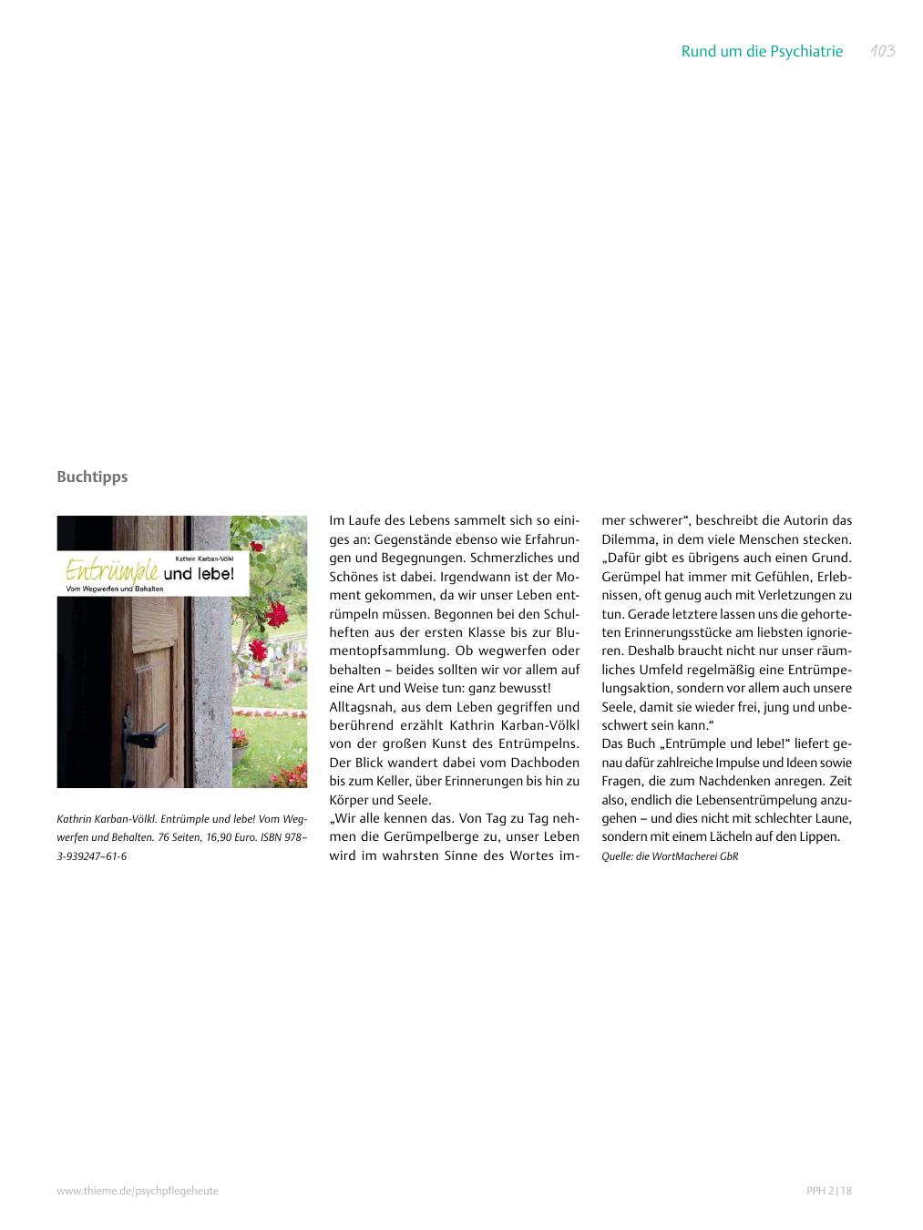 Vorschauseite 1: Buchtipp: Kathrin Karban-Völkl. Entrümple und lebe! Vom Wegwerfen und Behalten. 76 Seiten, 16,90 Euro. ISBN 978?3-939247?61-6