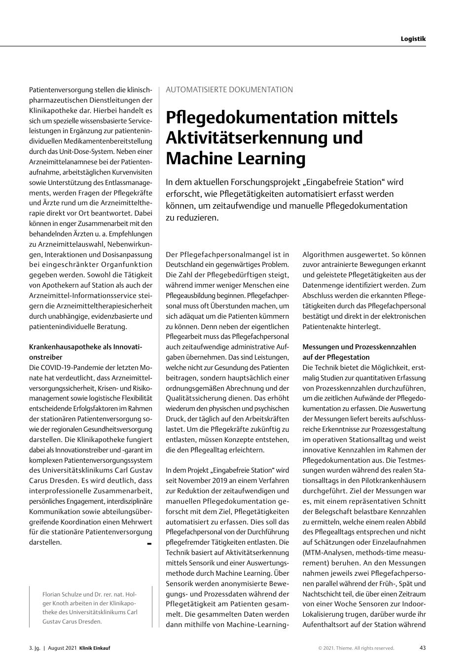 Vorschauseite 1: Automatisierte Dokumentation: Pflegedokumentation mittels Aktivitätserkennung und Machine Learning