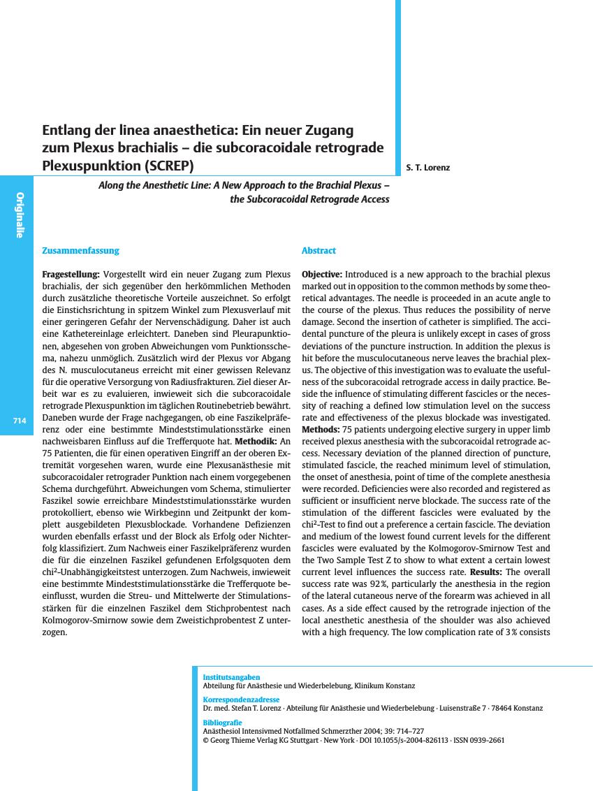 Vorschauseite 1: Entlang der linea anaesthetica: Ein neuer Zugang zum Plexus brachialis - die subcoracoidale retrograde Plexuspunktion (SCREP)