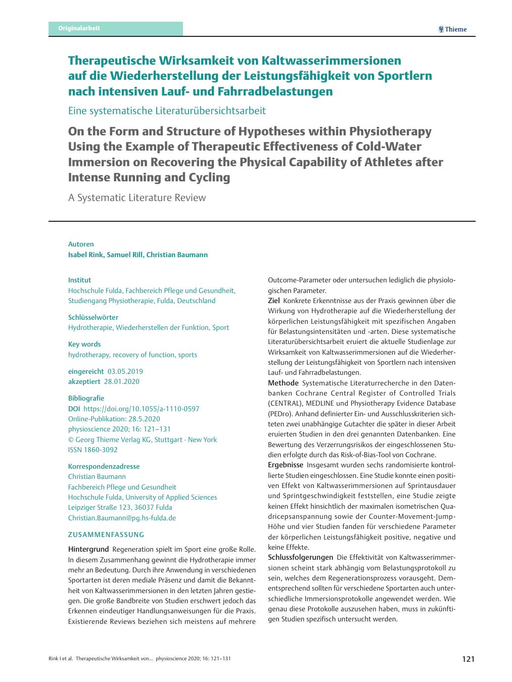 Vorschauseite 1: Therapeutische Wirksamkeit von Kaltwasserimmersionen auf die Wiederherstellung der Leistungsfähigkeit von Sportlern nach intensiven Laufund Fahrradbelastungen – Eine systematische…