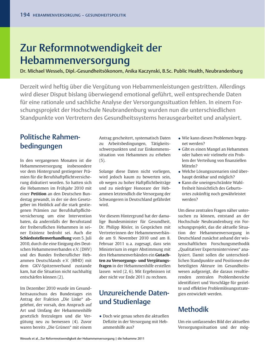 Vorschauseite 1: Zur Reformnotwendigkeit der Hebammenversorgung