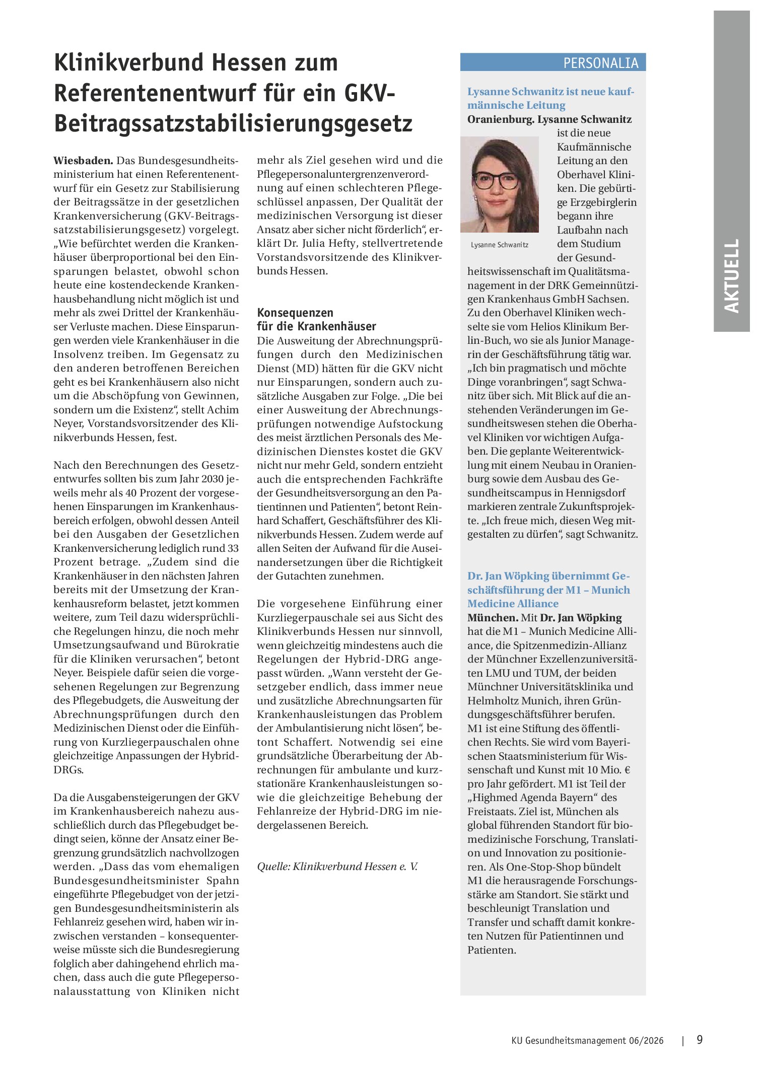 Vorschauseite 1: Klinikverbund Hessen zum Referentenentwurf für ein GKV-Beitragssatzstabilisierungsgesetz