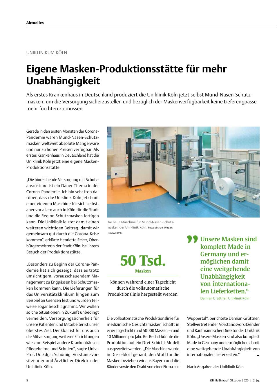 Vorschauseite 1: Uniklinikum Köln: Eigene Masken-Produktionsstätte für mehr Unabhängigkeit