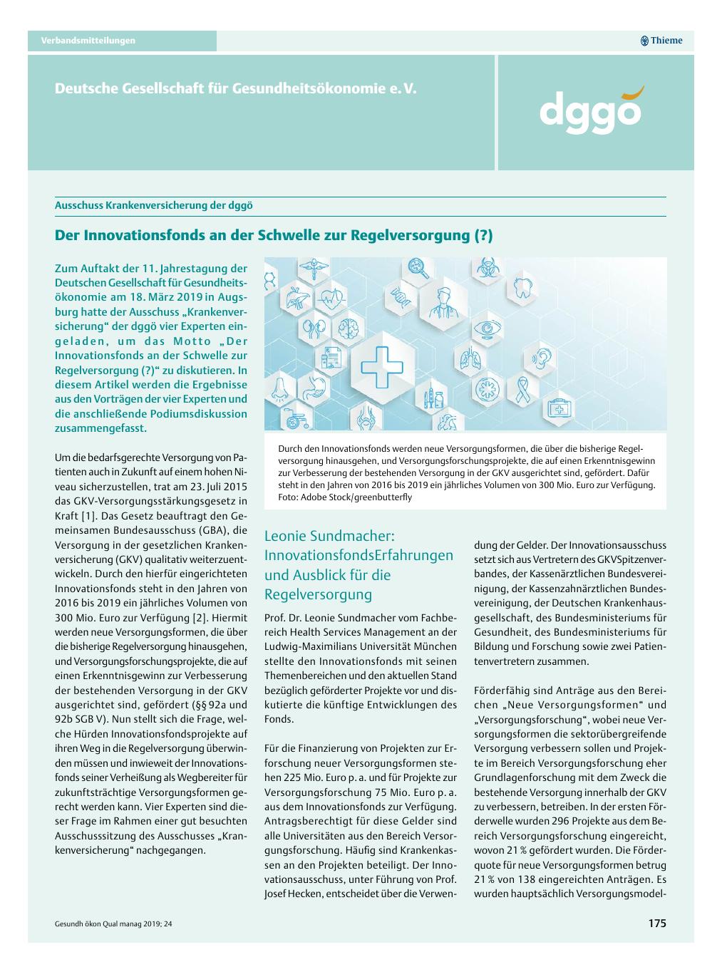 Vorschauseite 1: Ausschuss Krankenversicherung der dggö ? Der Innovationsfonds an der Schwelle zur Regelversorgung (?)