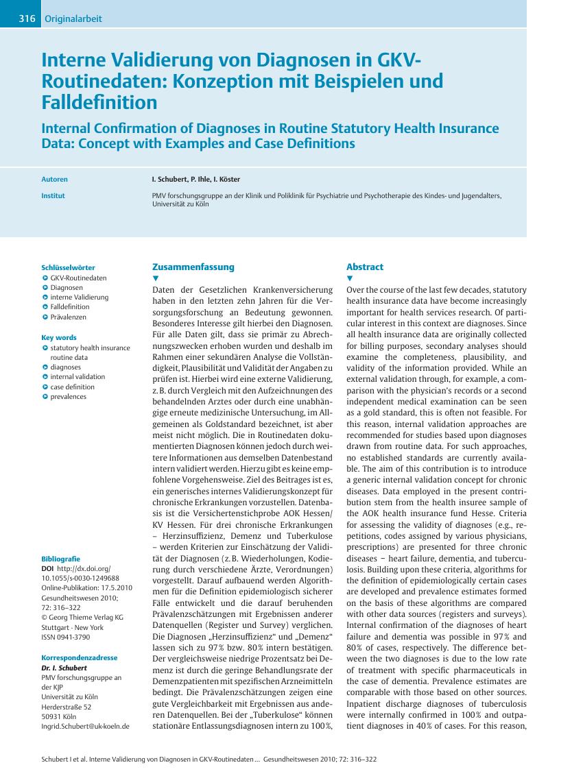 Vorschauseite 1: Interne Validierung von Diagnosen in GKV-Routinedaten: Konzeption mit Beispielen und Falldefinition
