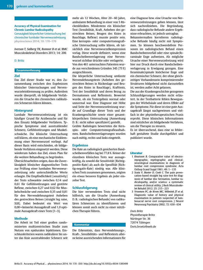 Vorschauseite 1: Accuracy of Physical Examination for Chronic Lumbar Radiculopathy