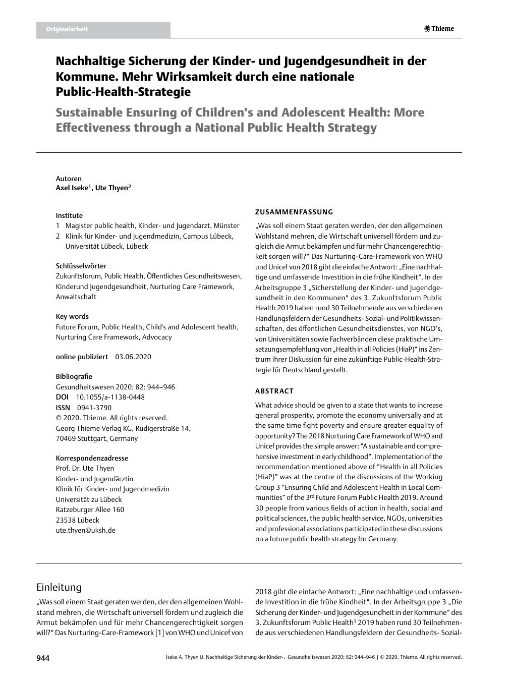 Vorschauseite 1: Nachhaltige Sicherung der Kinderund Jugendgesundheit in der Kommune. Mehr Wirksamkeit durch eine nationale Public-Health-Strategie.
