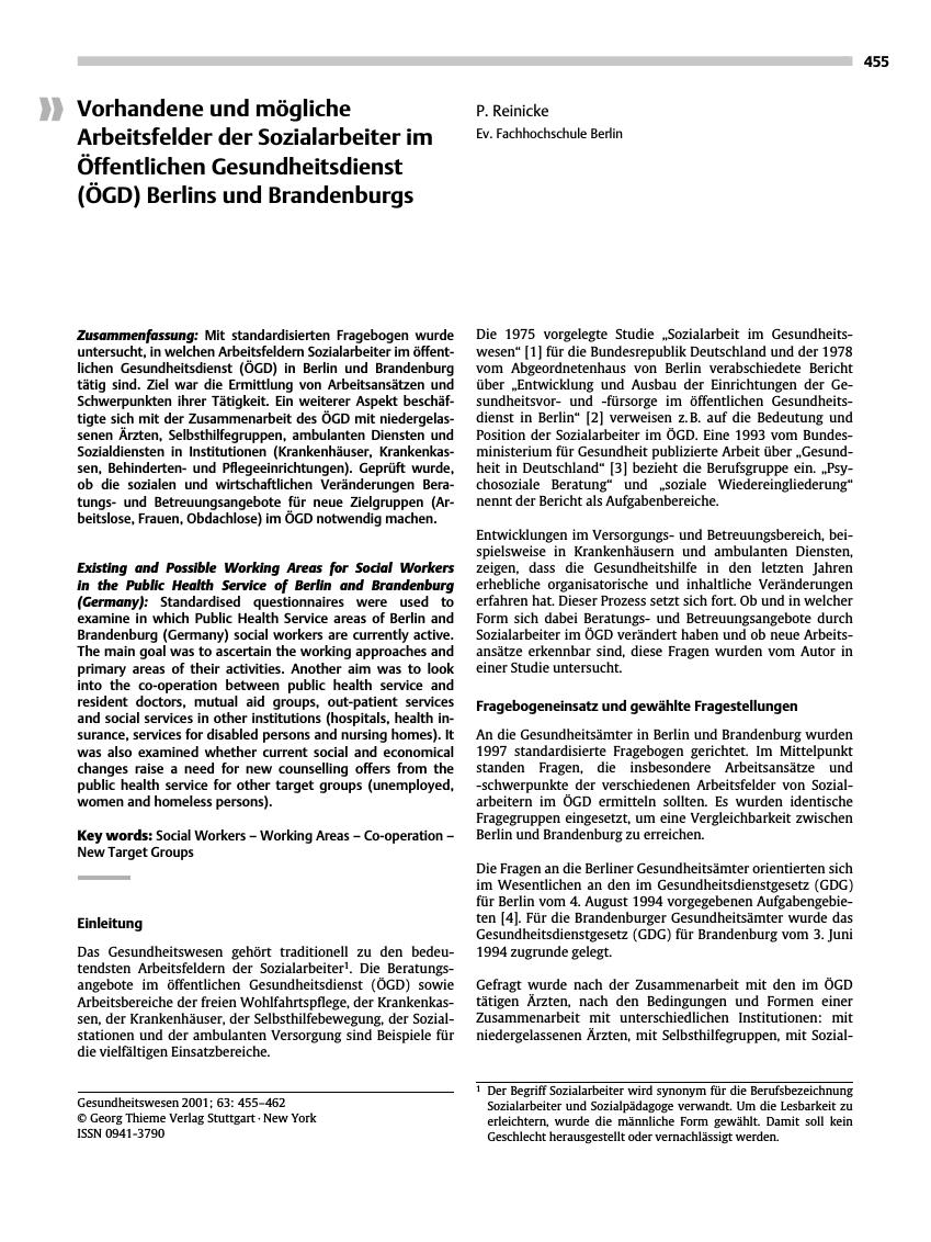 Vorschauseite 1: Vorhandene und mögliche Arbeitsfelder der Sozialarbeiter im Öffentlichen Gesundheitsdienst (ÖGD) Berlins und Brandenburgs