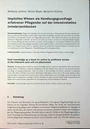 Vorschauseite 1: Implizites Wissen als Handlungsgrundlage erfahrener Pflegender auf der Intensivstation (wieder)entdecken