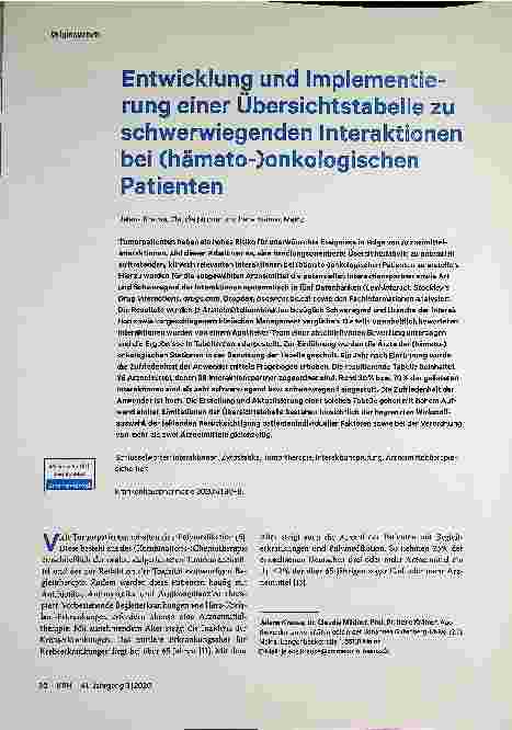 Vorschauseite 1: Entwicklung und Implementierung einer Übersichtstabelle zu schwerwiegenden Interaktionen bei (hämato-)onkologischen Patienten