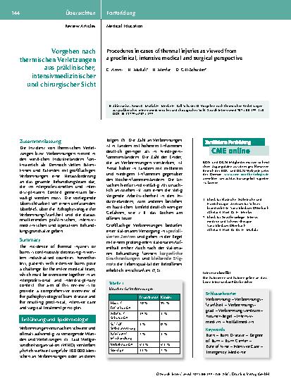 Vorschauseite 1: Vorgehen nach thermischen Verletzungen aus präklinischer, intensiv medizinischer und chirurgischer Sicht
