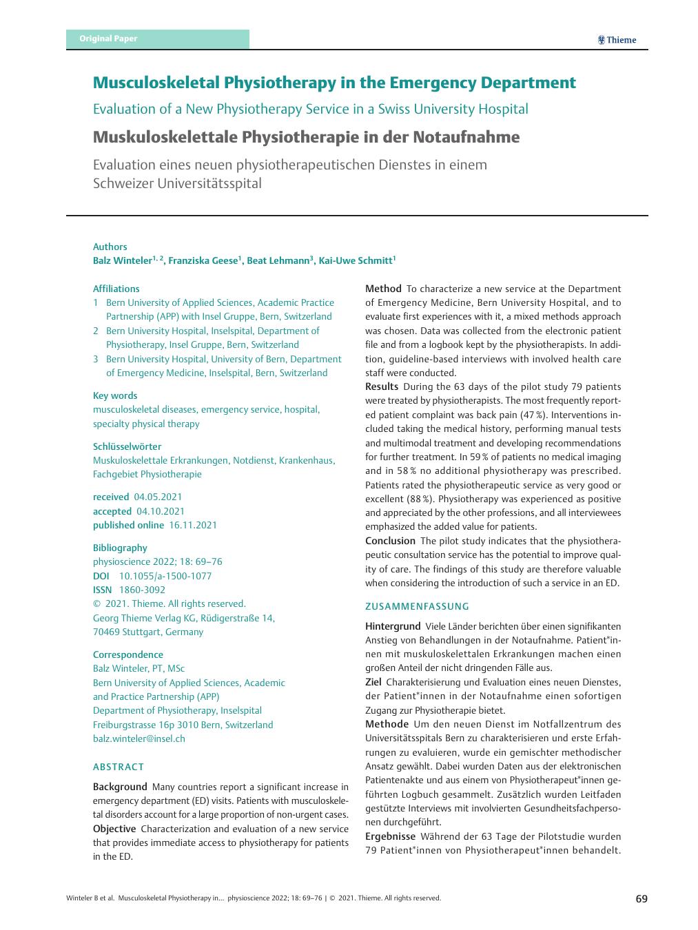 Vorschauseite 1: Musculoskeletal Physiotherapy in the Emergency Department – Evaluation of a New Physiotherapy Service in a Swiss University Hospital