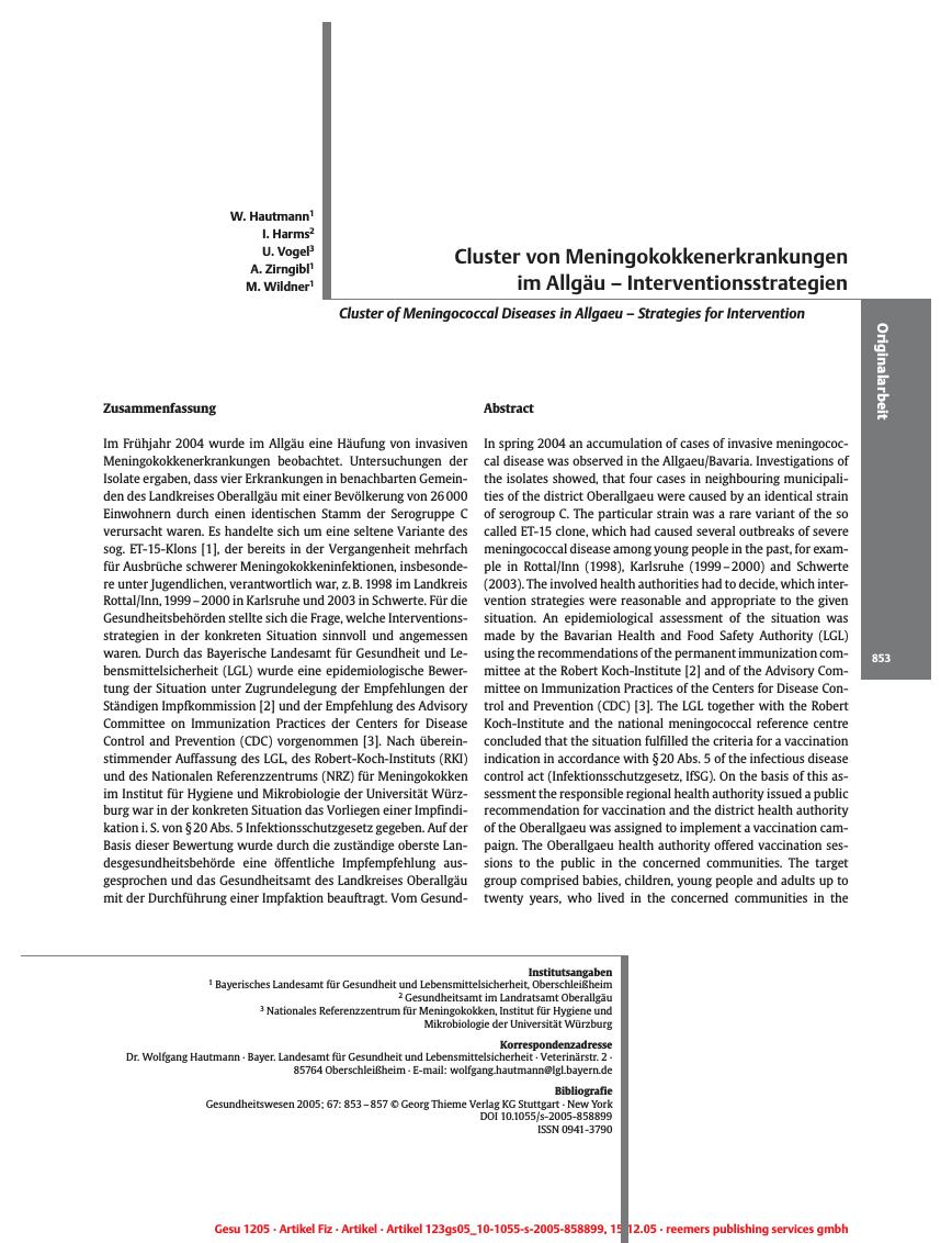 Vorschauseite 1: Cluster von Meningokokkenerkrankungen im Allgäu - Interventionsstrategien