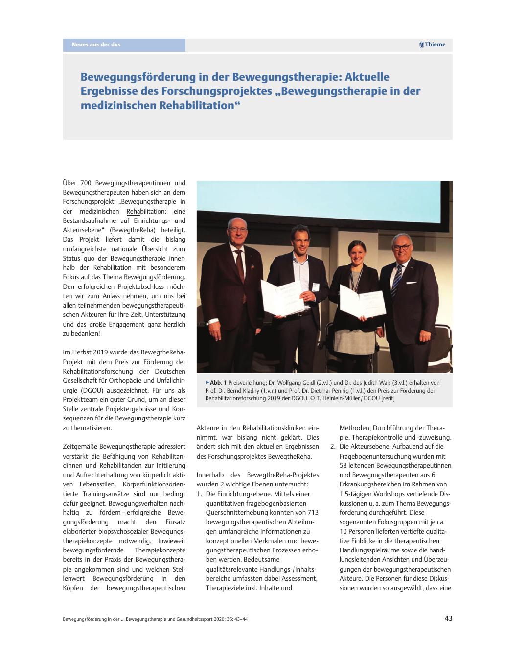 Vorschauseite 1: Bewegungsförderung in der Bewegungstherapie: Aktuelle Ergebnisse des Forschungsprojektes „Bewegungstherapie in der medizinischen Rehabilitation“