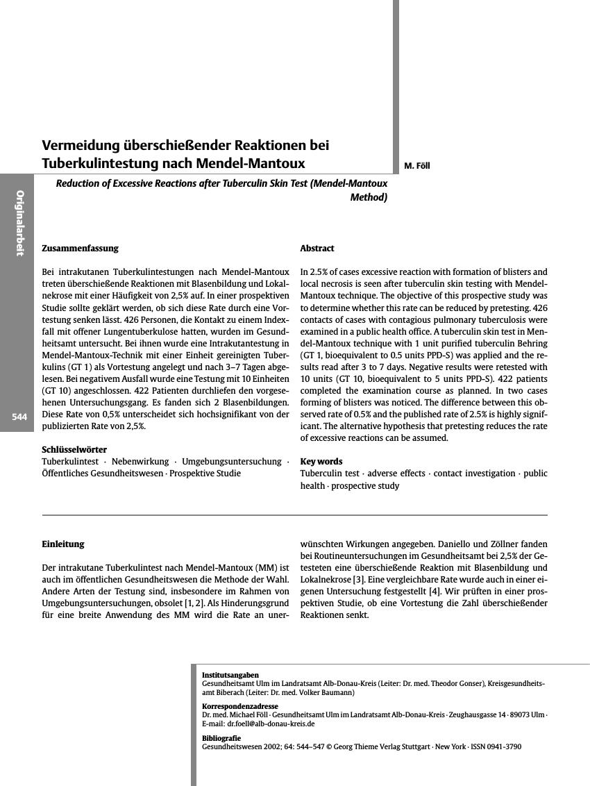 Vorschauseite 1: Vermeidung überschießender Reaktionen bei Tuberkulintestung nach Mendel-Mantoux