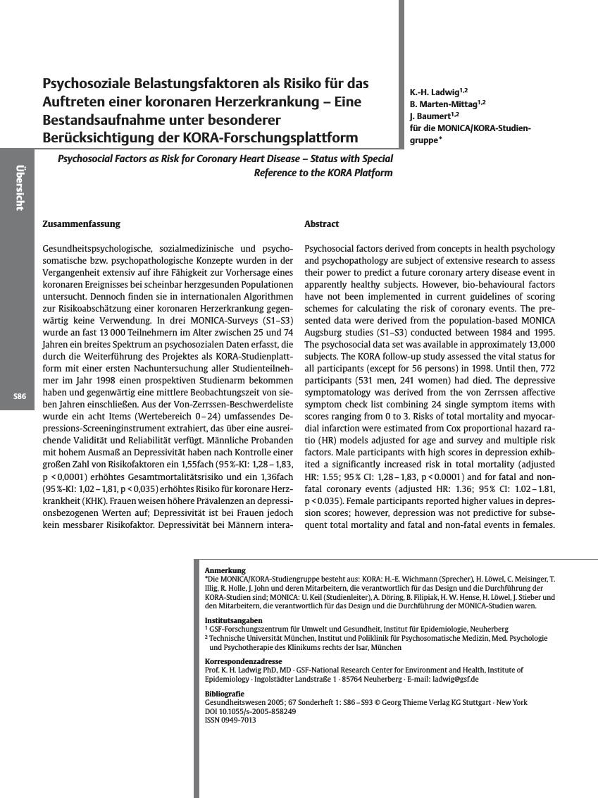 Vorschauseite 1: Psychosoziale Belastungsfaktoren als Risiko für das Auftreten einer koronaren Herzerkrankung - Eine Bestandsaufnahme unter besonderer Berücksichtigung der KORA-Forschungsplattform