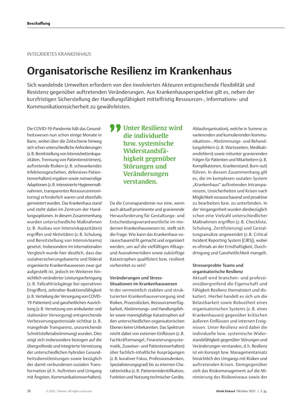 Vorschauseite 1: Integriertes Krankenhaus: Organisatorische Resilienz im Krankenhaus