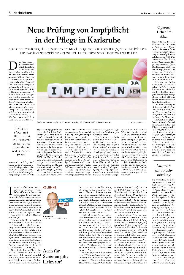 Vorschauseite 1: Neue Prüfung von Impfpflicht in der Pflege in Karlsruhe