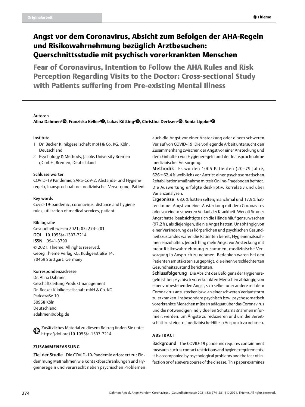 Vorschauseite 1: Angst vor dem Coronavirus, Absicht zum Befolgen der AHA-Regeln und Risikowahrnehmung bezüglich Arztbesuchen: Querschnittsstudie mit psychisch vorerkrankten Menschen